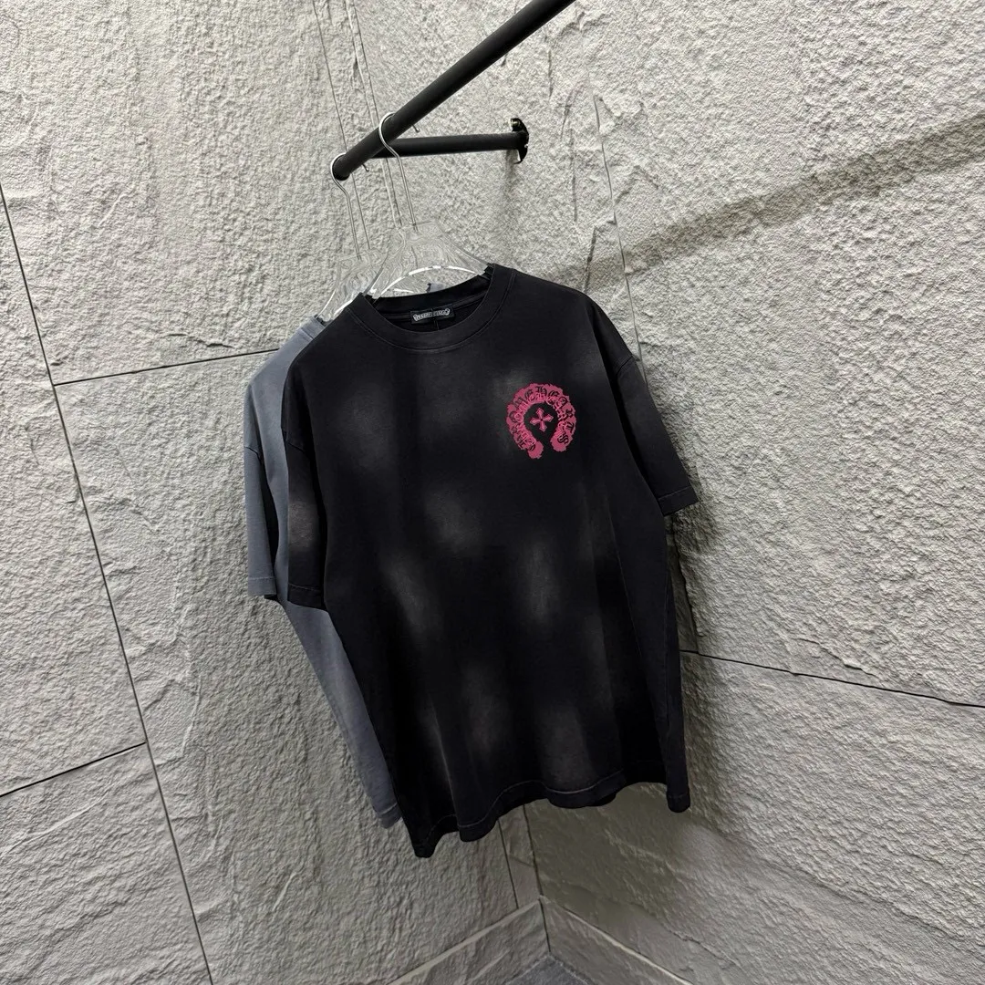 🅿️190 CH Crow Heart 2025 Summer New Style Heavy pickling with gradient distressing Chest logo Horseshoe print Customized fabric Short-sleeved T-shirt Unisex Size: S M L